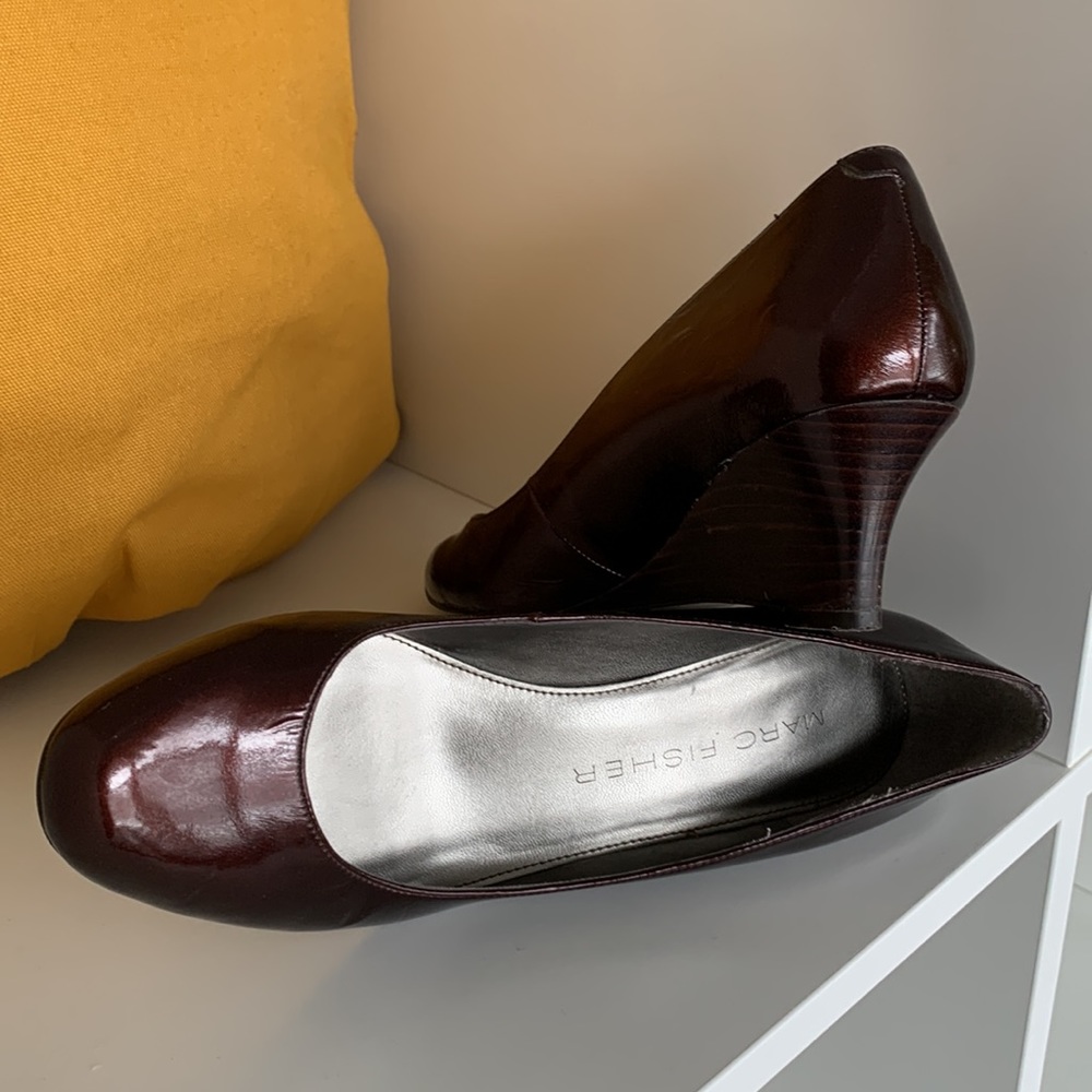 Marc Fisher - brown patent-style wedges, size 8, 2” heel, good used condition